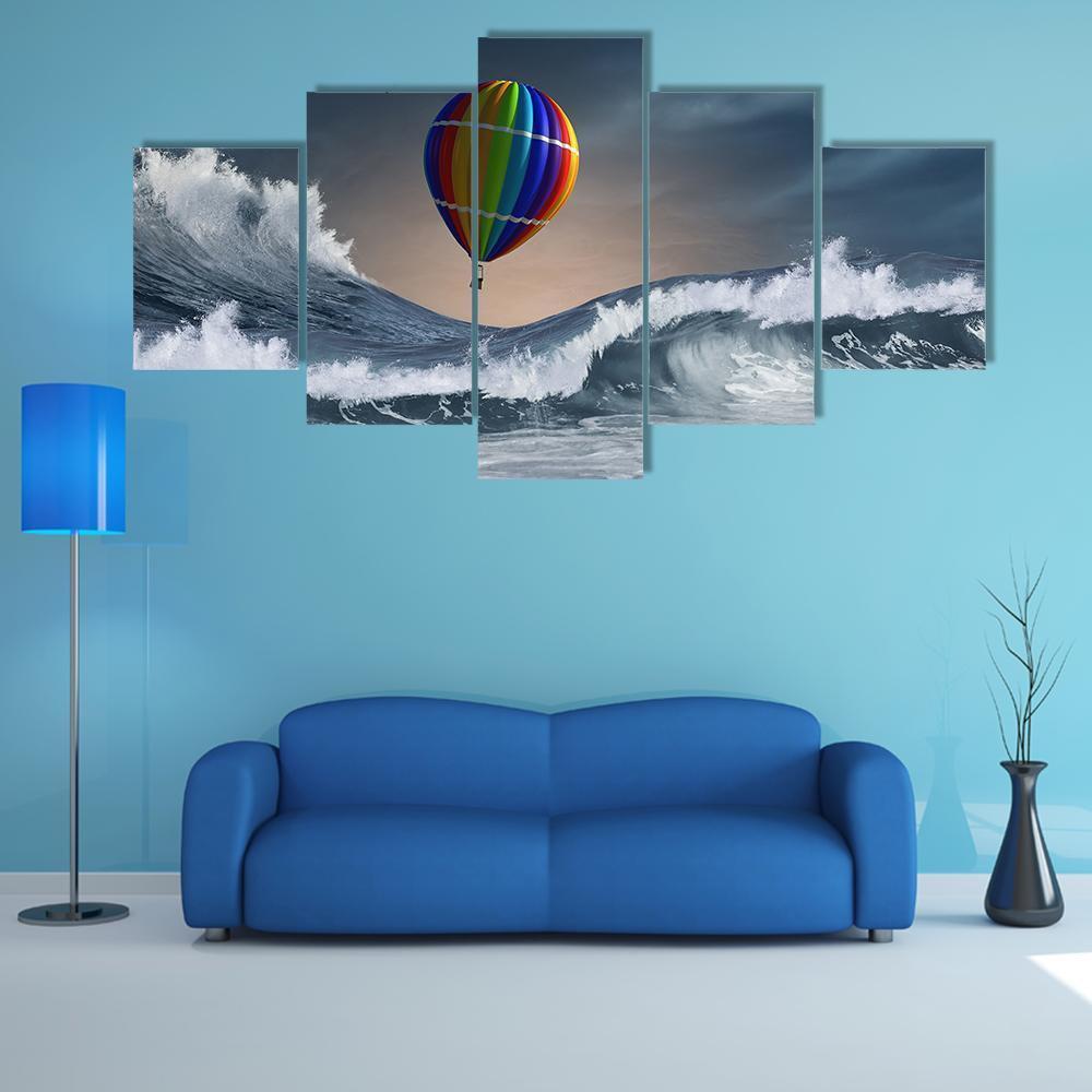 Colored Aerostat Flying Above Stromy Sea - Abstract 5 Panel Canvas Art Wall Decor