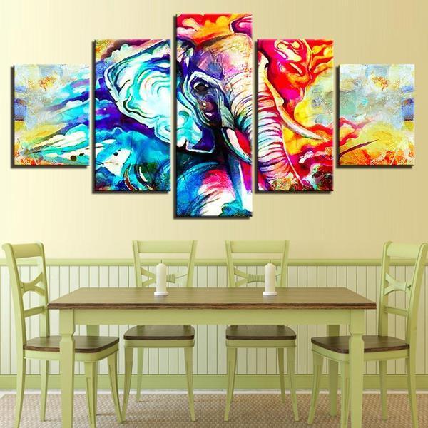 Colorful Abstract Elephant - Animal 5 Panel Canvas Art Wall Decor
