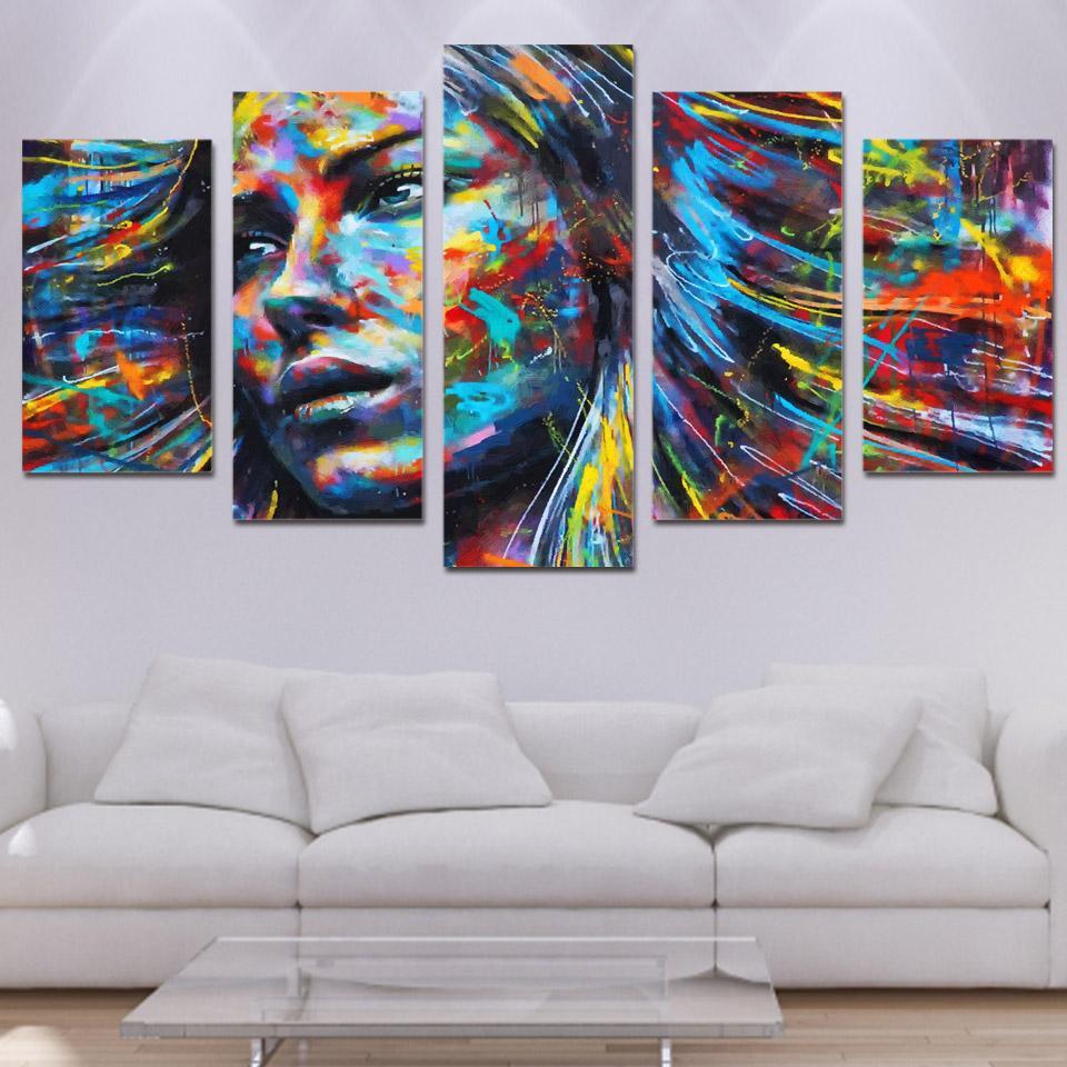 Colorful Hair Figure Woman Face Tableau Artistic - Abstract 5 Panel Canvas Art Wall Decor
