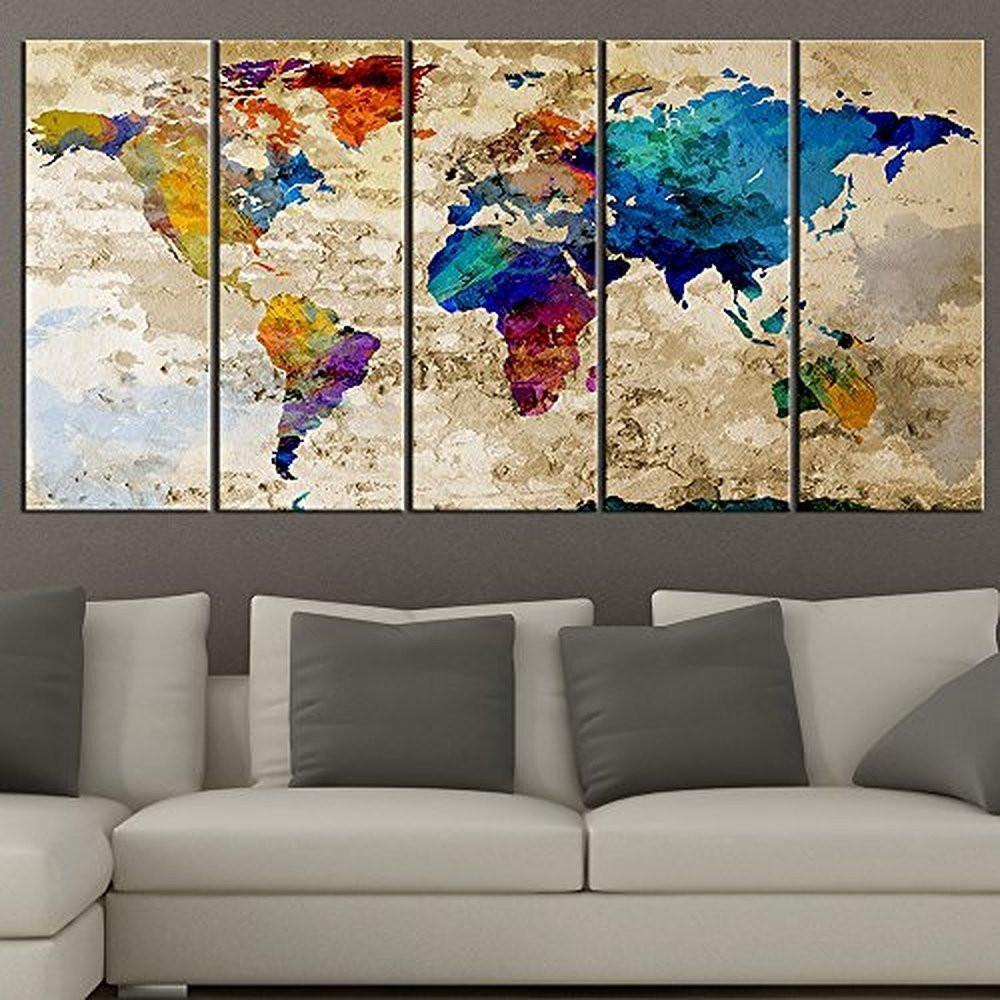 Colorful World Map - World Map 5 Panel Canvas Art Wall Decor