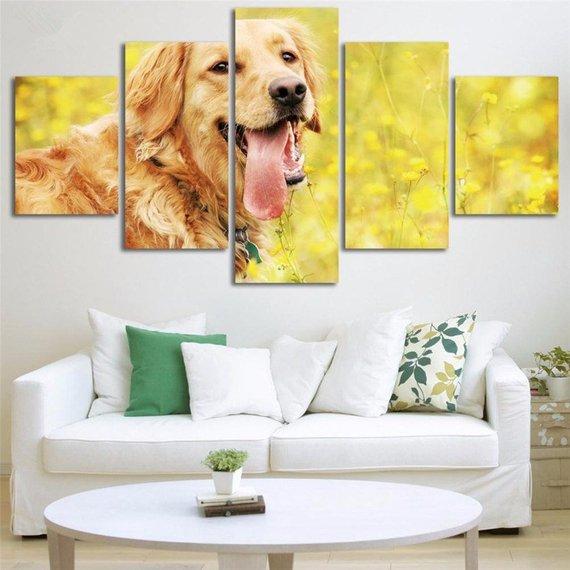 Cute Golden Retriever  Beautiful Dog - 5 Panel Canvas Art Wall Decor