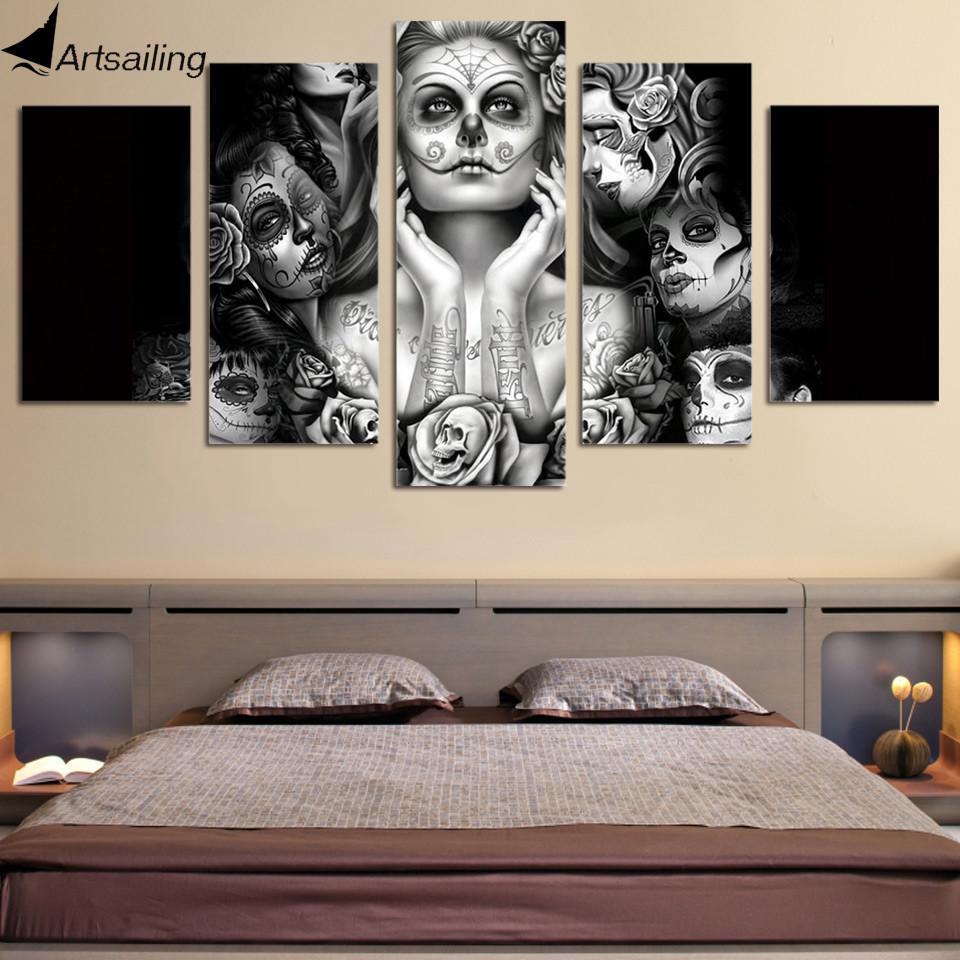 Day Of The Dead Face - Abstract 5 Panel Canvas Art Wall Decor