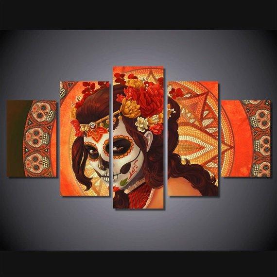 Day Of The Dead Face 3 - Abstract 5 Panel Canvas Art Wall Decor
