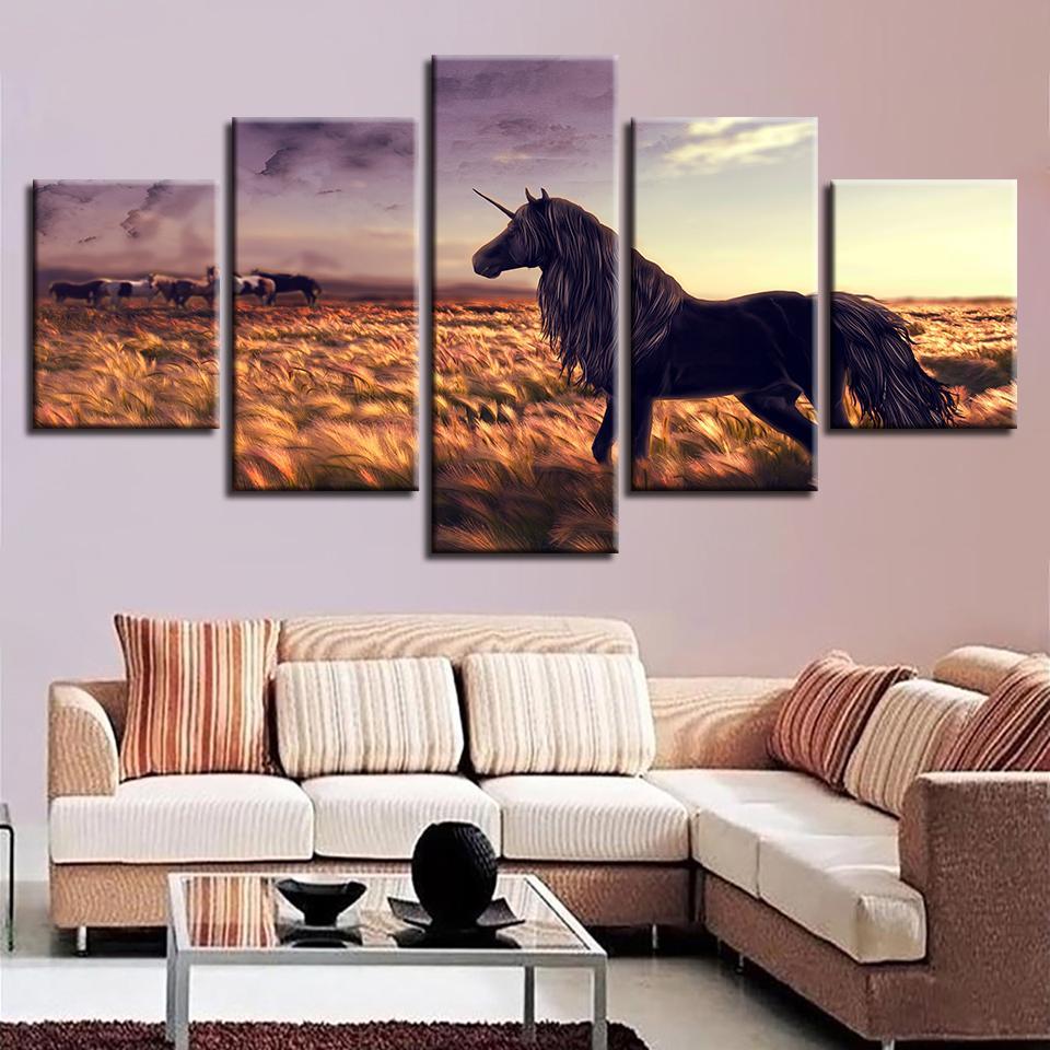 Decor Fantasy Black Unicorn And Prairie Horses - Abstract Animal 5 Panel Canvas Art Wall Decor