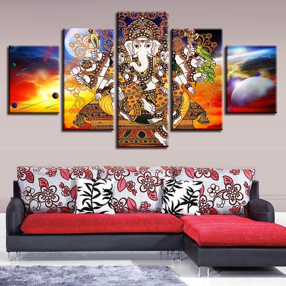 Elephant Trunk God Ganesha And Abstract Planets 2 - Religion 5 Panel Canvas Art Wall Decor