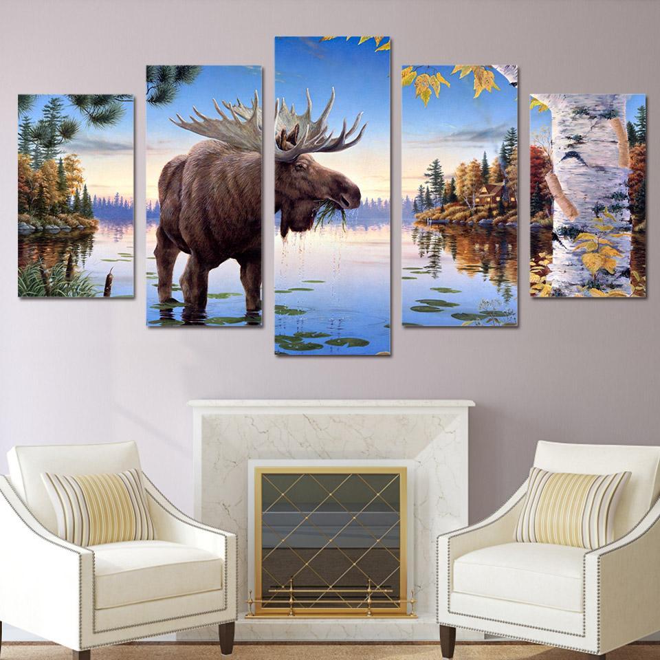 Elk Deer River Moose - Abstract Animal 5 Panel Canvas Art Wall Decor - Pre Lit Elmer The Moose Canvas