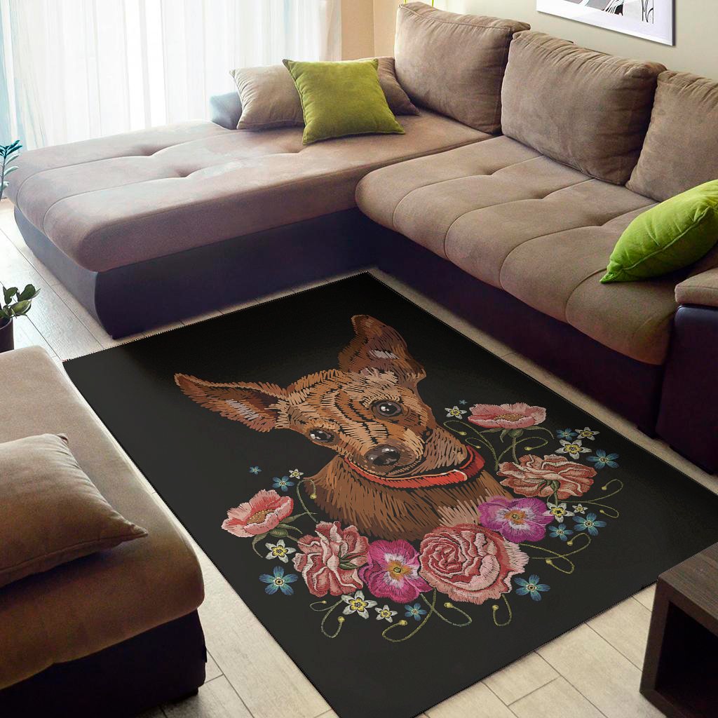 Embroidery Chihuahua And Flower Print Area Rug Floor Decor