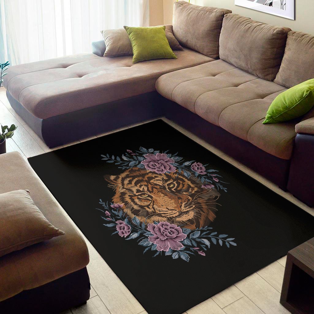 Embroidery Tiger And Flower Print Area Rug Floor Decor