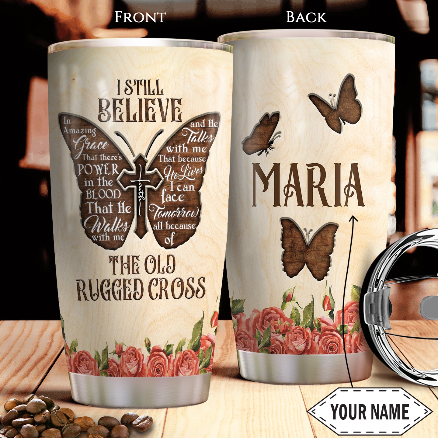 Faith Butterfly Old Cross Personalized Stainless Steel Tumbler