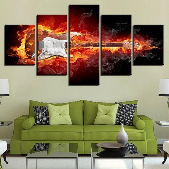 Fire Electric Guitar Musical Instruments - Abstract 5 Panel Canvas Art Wall Decor