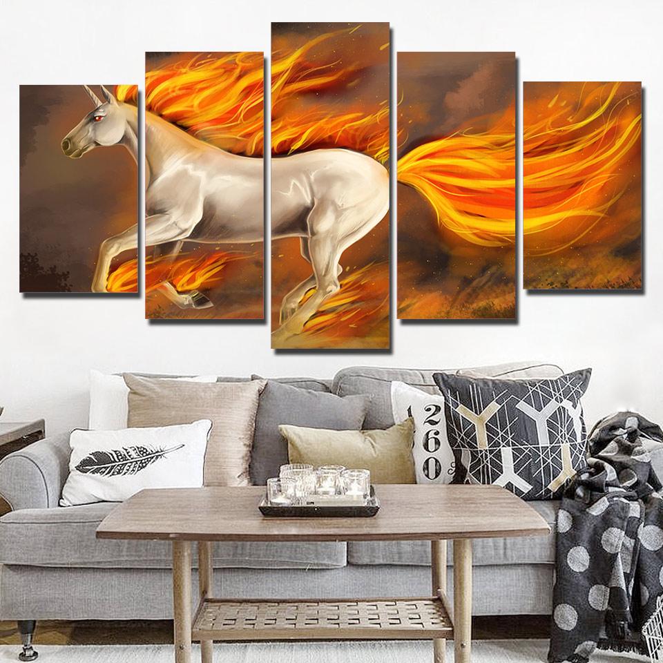 Fire Horse Animals - Abstract Animal 5 Panel Canvas Art Wall Decor