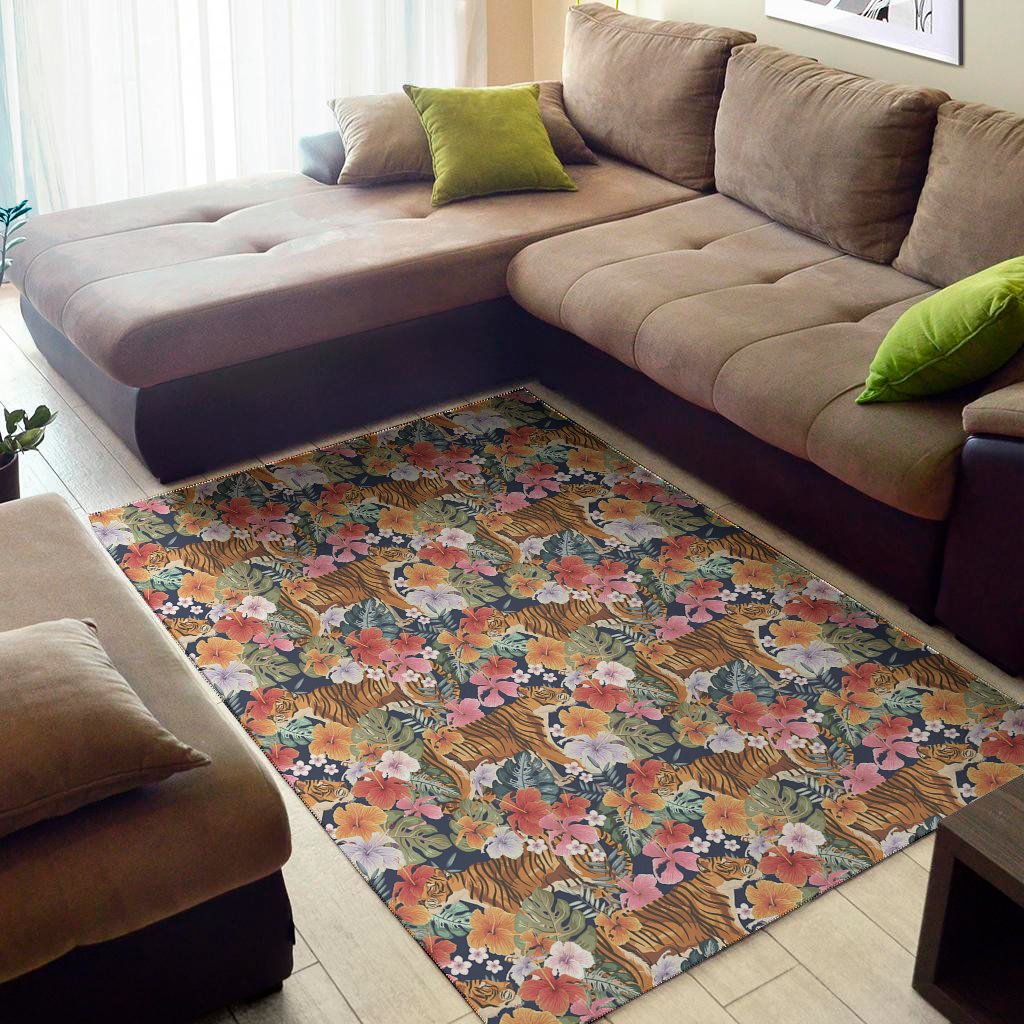 Flower And Tiger Pattern Print Area Rug Floor Decor