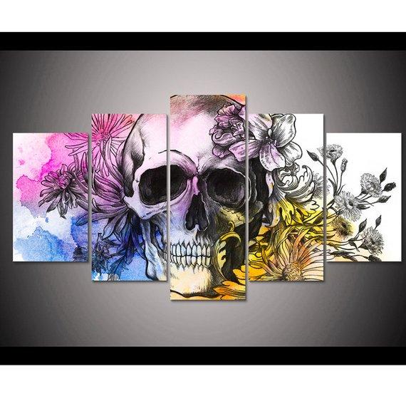 Flowery Skull - Abstract 5 Panel Canvas Art Wall Decor