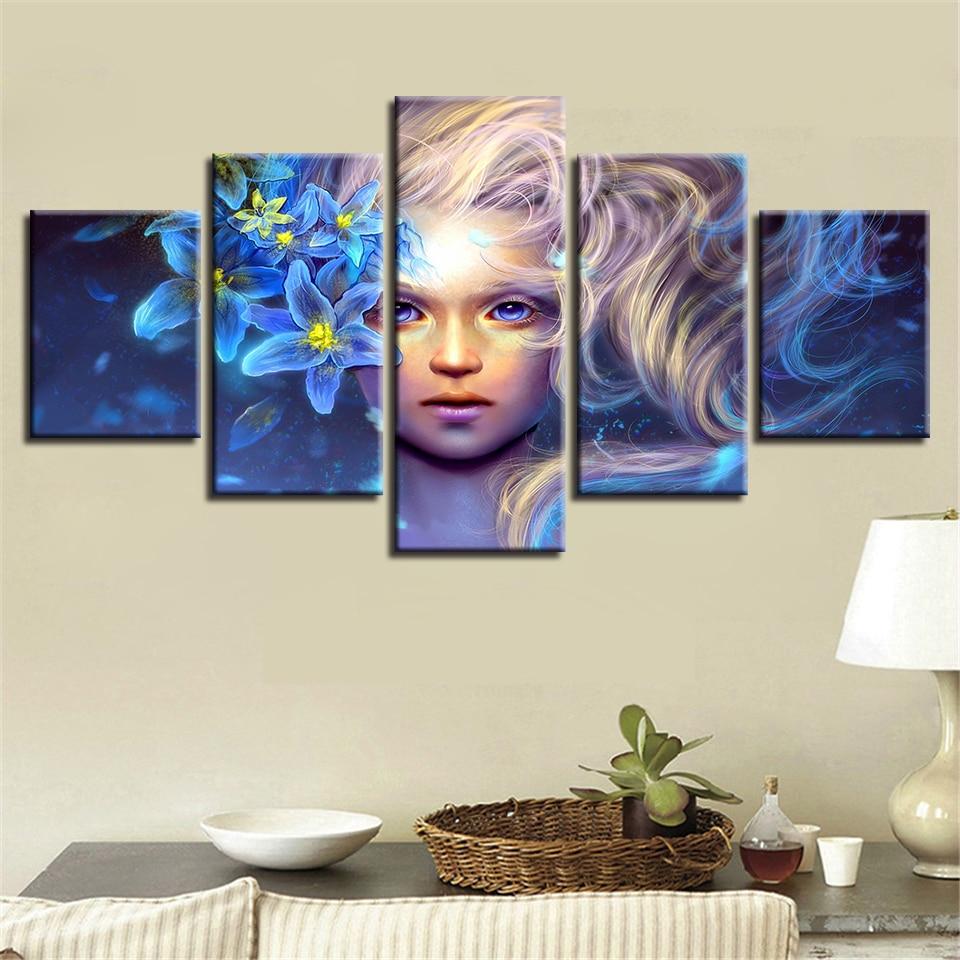 Girl And Blue Flower - Abstract 5 Panel Canvas Art Wall Decor