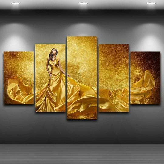 Girl In Golden Ball Gown - Abstract 5 Panel Canvas Art Wall Decor