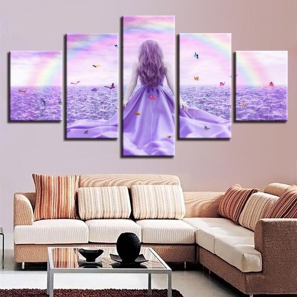 Girl Stood In The Purple Flower Sea - Abstract 5 Panel Canvas Art Wall Decor