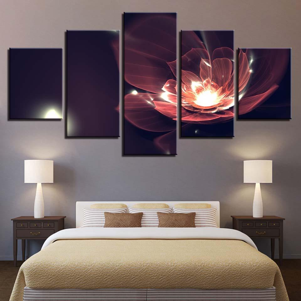Glowing Red Flowers - Abstract 5 Panel Canvas Art Wall Decor