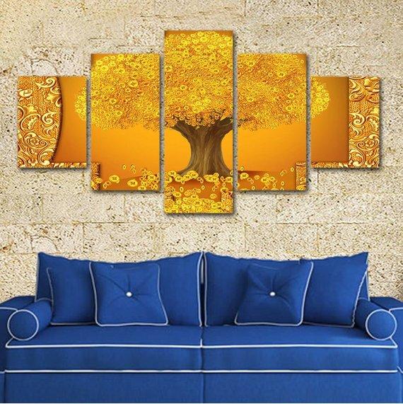 Gold Cash Tree 5 Panel Canvas Art Wall Decor, Magic Golden Tree - Abstract 5 Panel Canvas Art Wall Decor