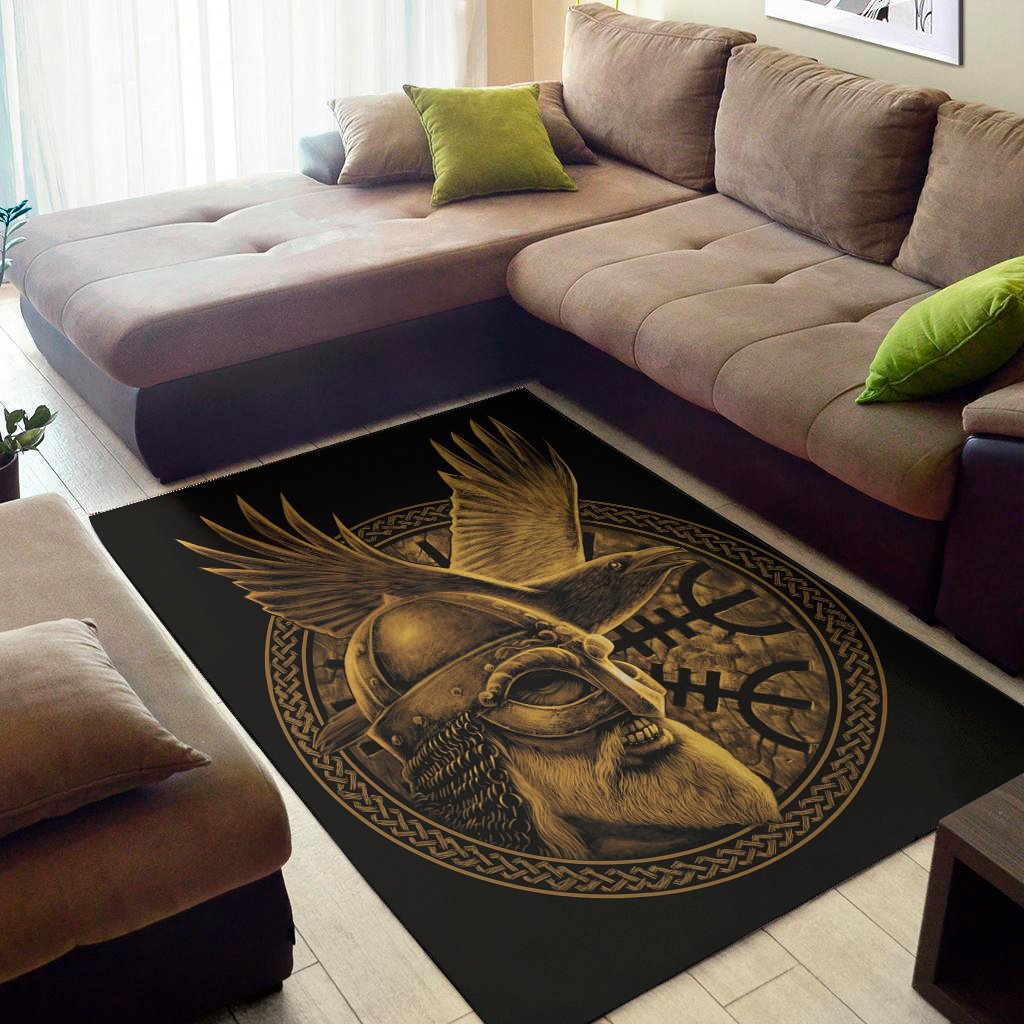Gold Viking God Odin And Crow Print Area Rug Floor Decor