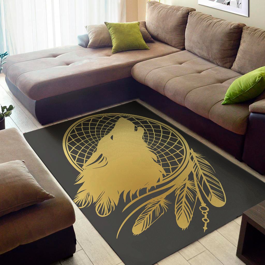 Golden Bohemian Howling Wolf Print Area Rug Floor Decor