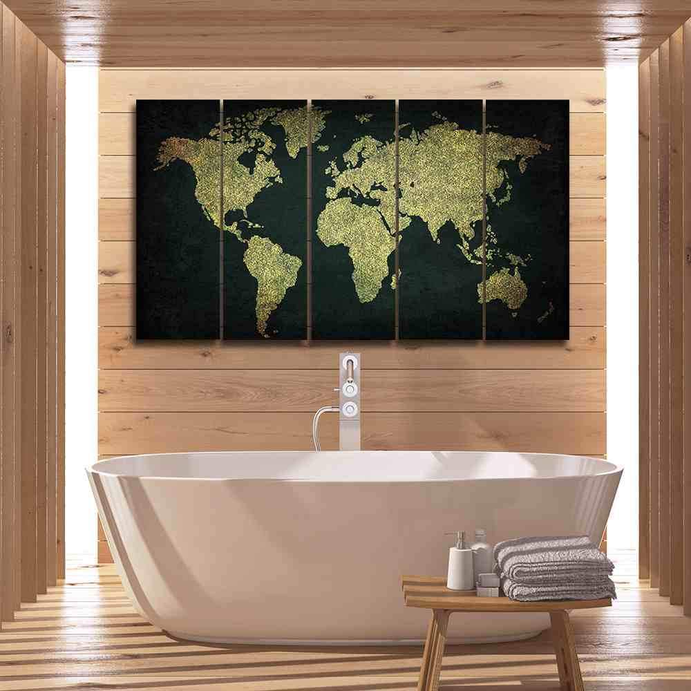 Green And Gold World Map- World Map 5 Panel Canvas Art Wall Decor