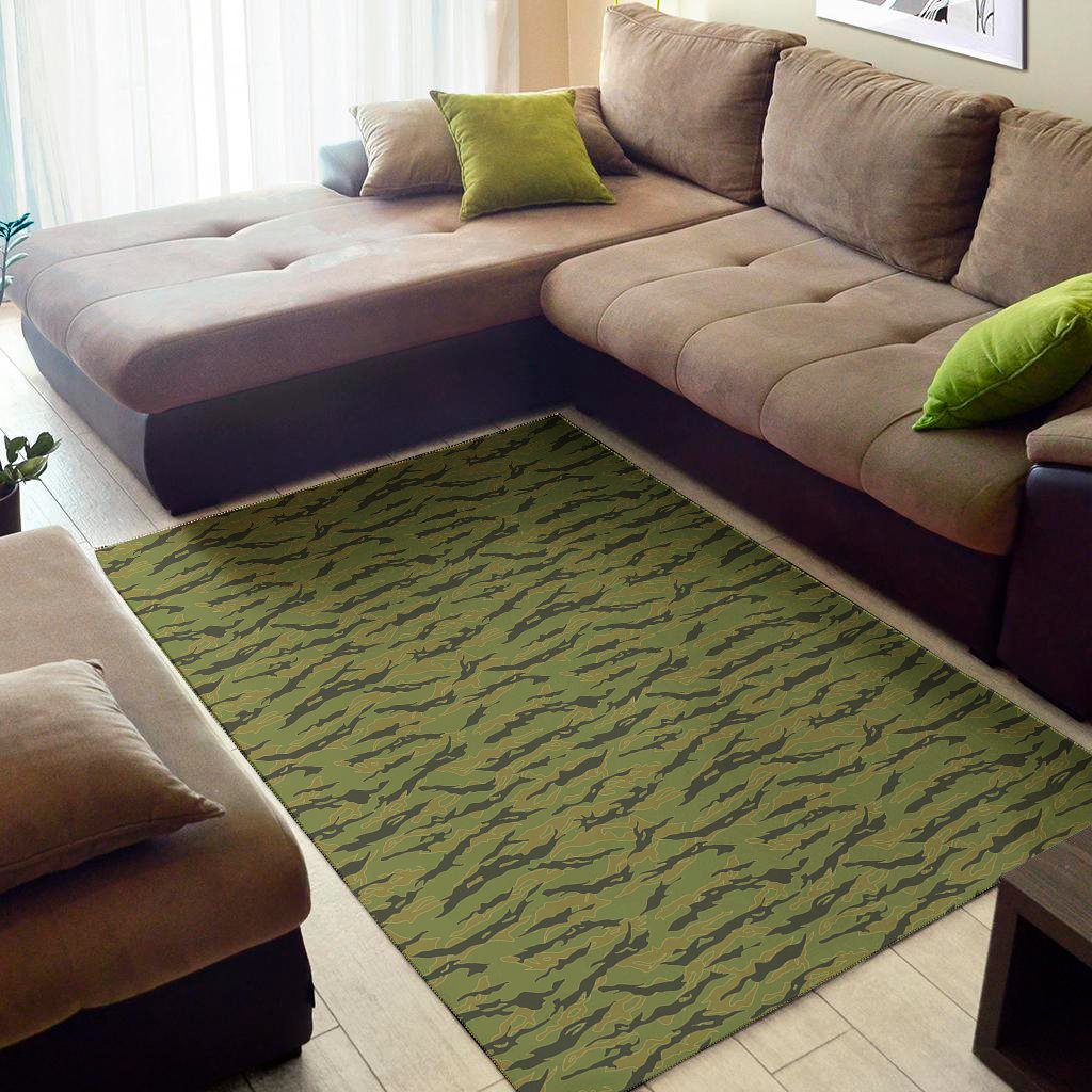 Green Tiger Stripe Camo Pattern Print Area Rug Floor Decor