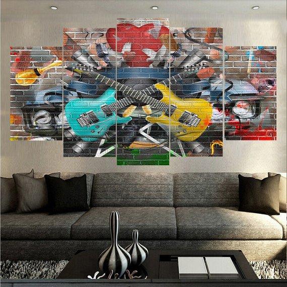 Guitar Graffiti Musical Instruments - Abstract 5 Panel Canvas Art Wall Decor