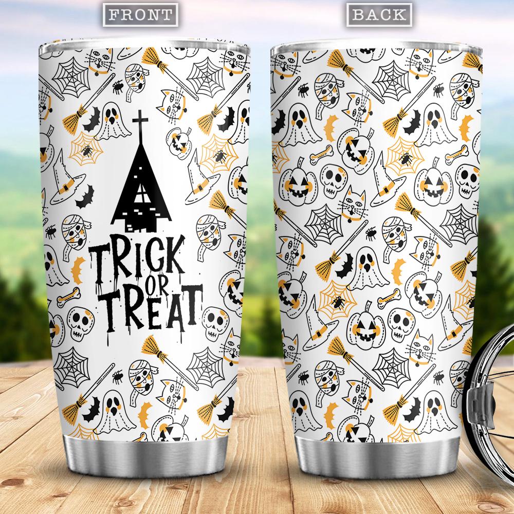 Halloween Pattern White Background Witch Boo Ghost Scary Pumpkin Trick Or Treat Halloween Stainless Steel Tumbler