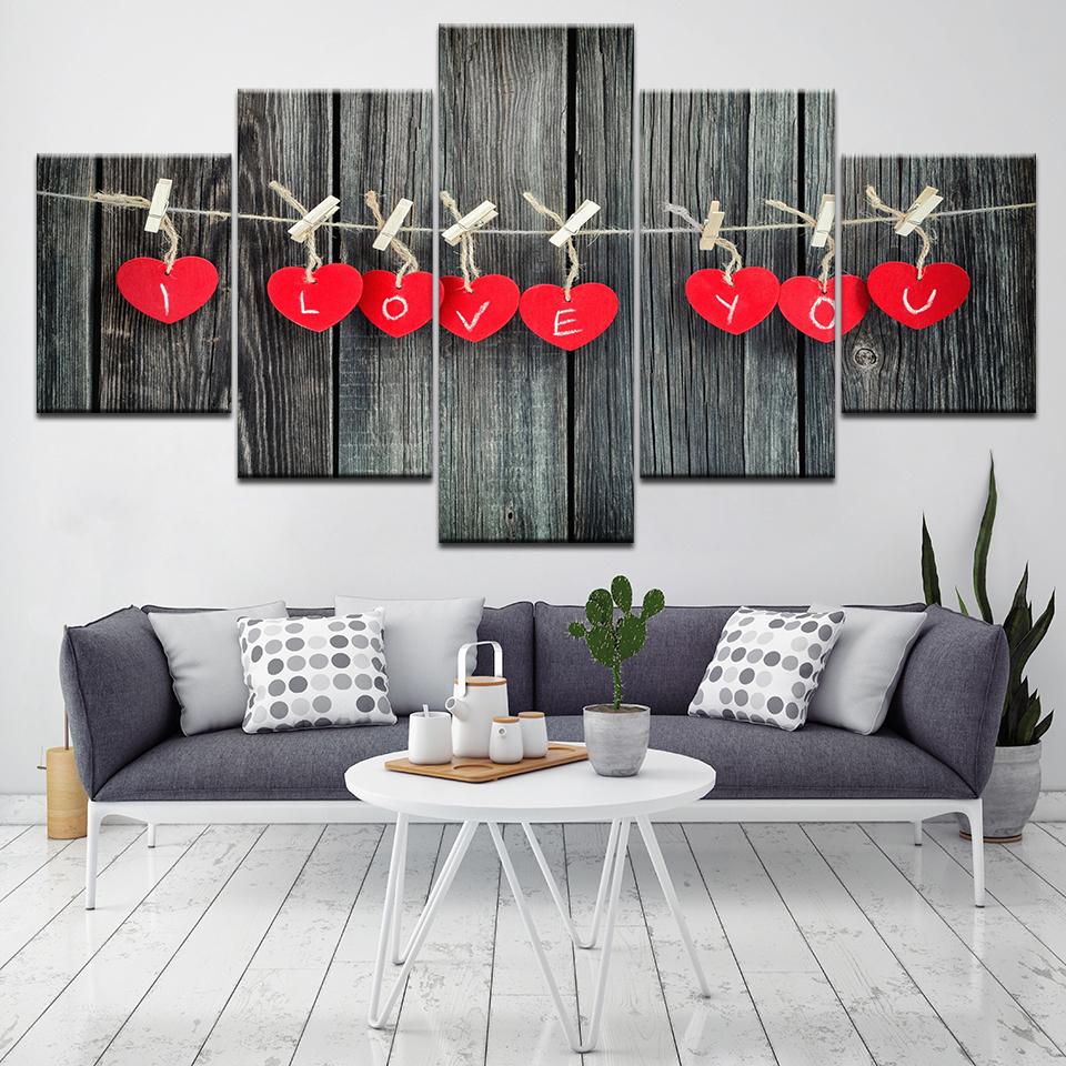Heart Shape And Letters I Love You - Abstract 5 Panel Canvas Art Wall Decor