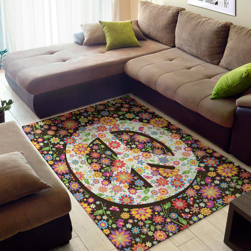 Hippie Flower Peace Sign Print Area Rug Floor Decor