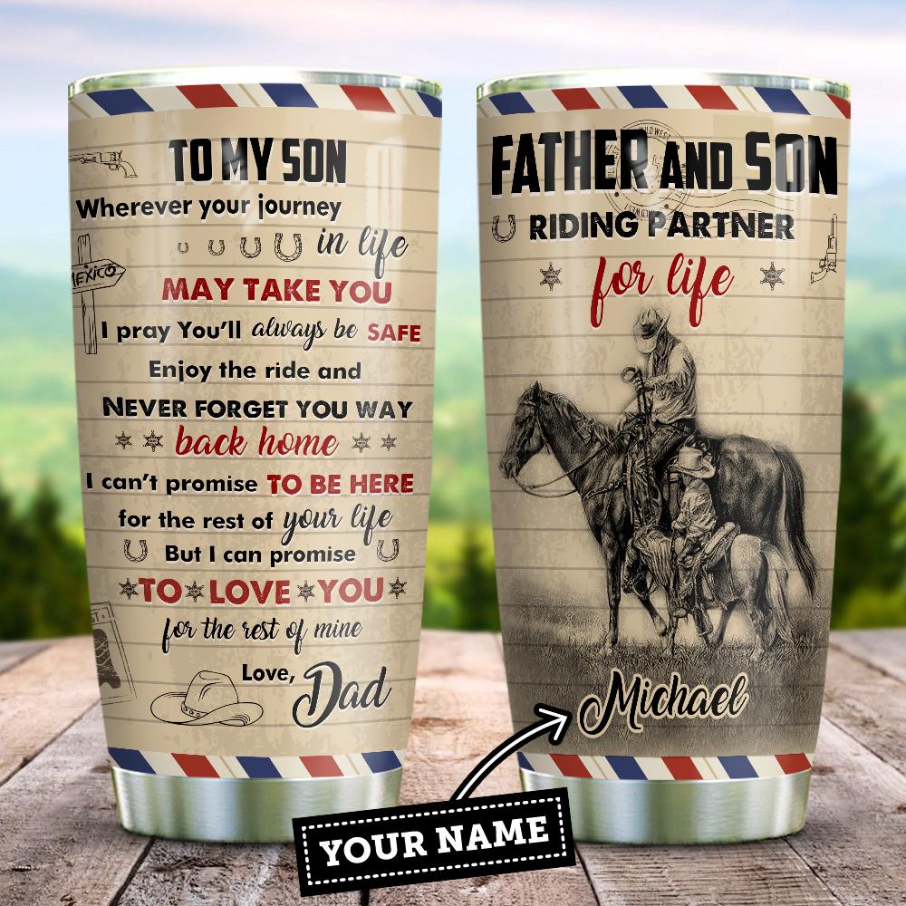 Horse Riding Father And Son Letter Style Personalized Stainless Steel Tumbler