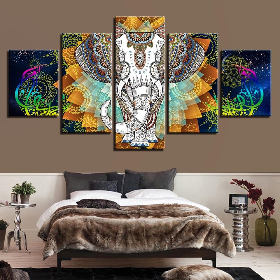 India Elephant And Abstract Color Flower - Religion 5 Panel Canvas Art Wall Decor