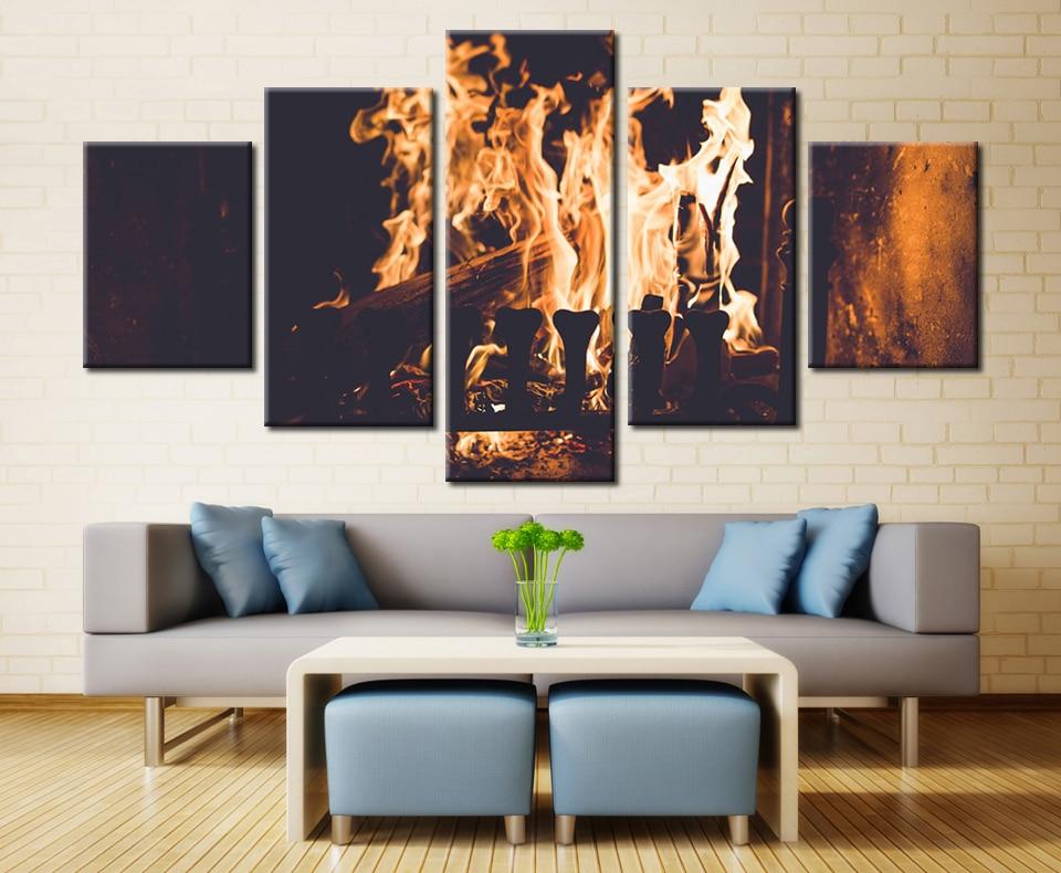 Indoor Electric Fireplaces Wood Burning Stoves - Abstract 5 Panel Canvas Art Wall Decor