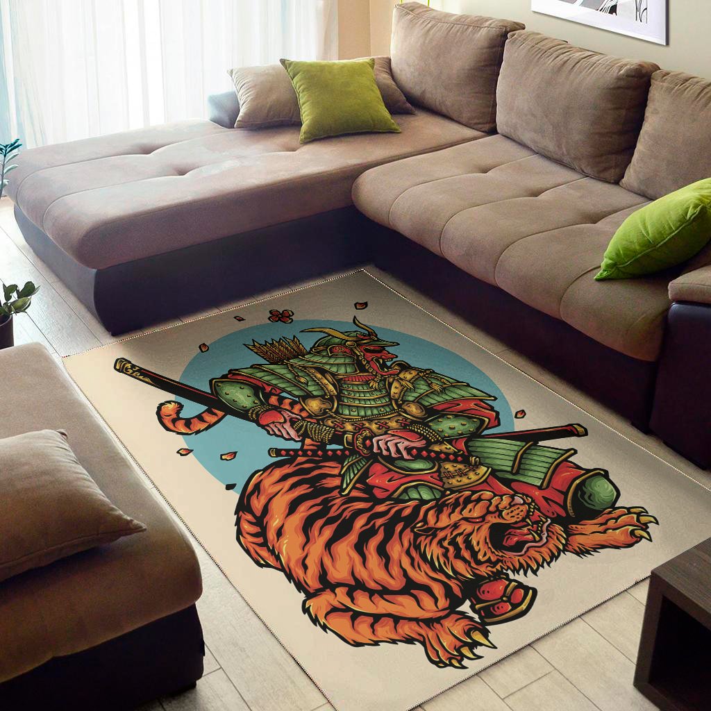 Japanese Samurai And Tiger Print Area Rug Floor Decor