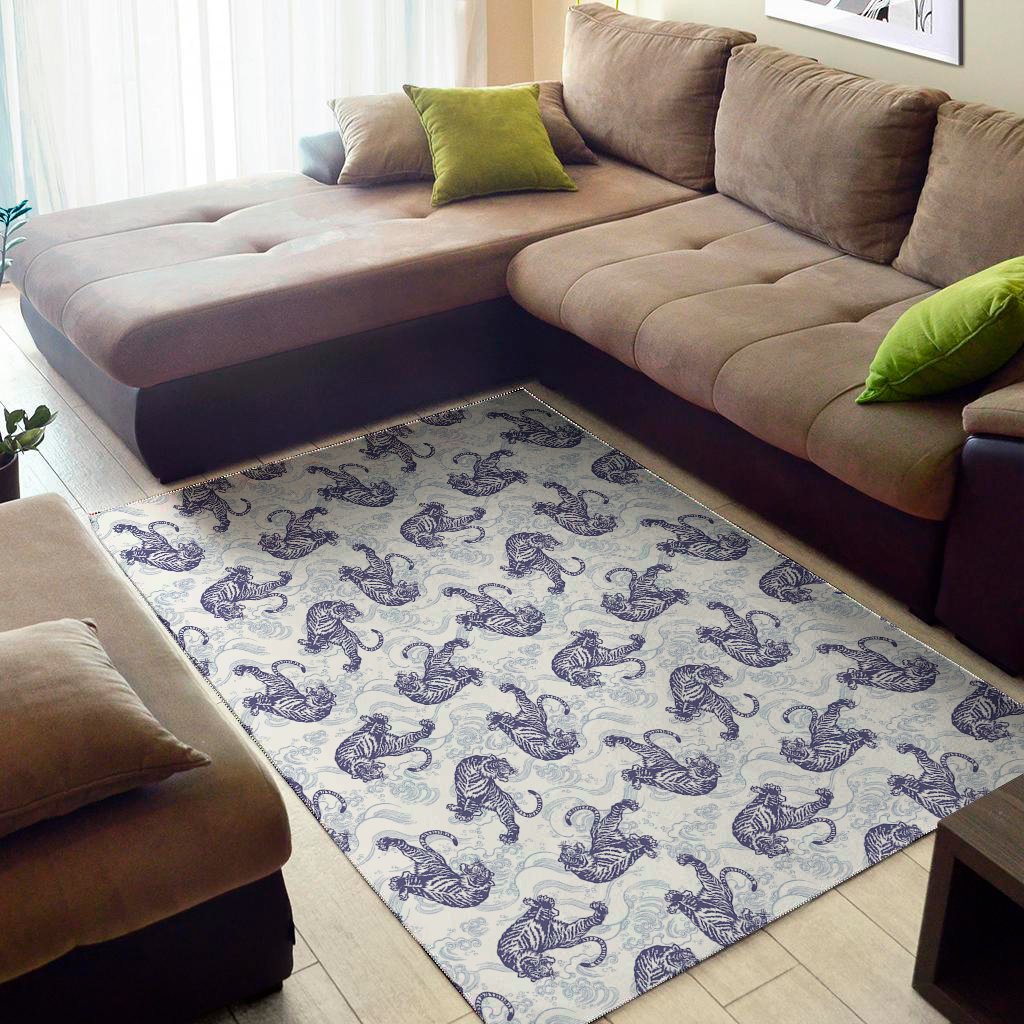 Japanese White Tiger Pattern Print Area Rug Floor Decor