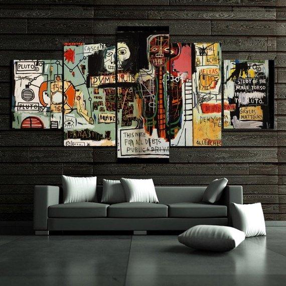 Jean Michel Basquiat - Abstract 5 Panel Canvas Art Wall Decor
