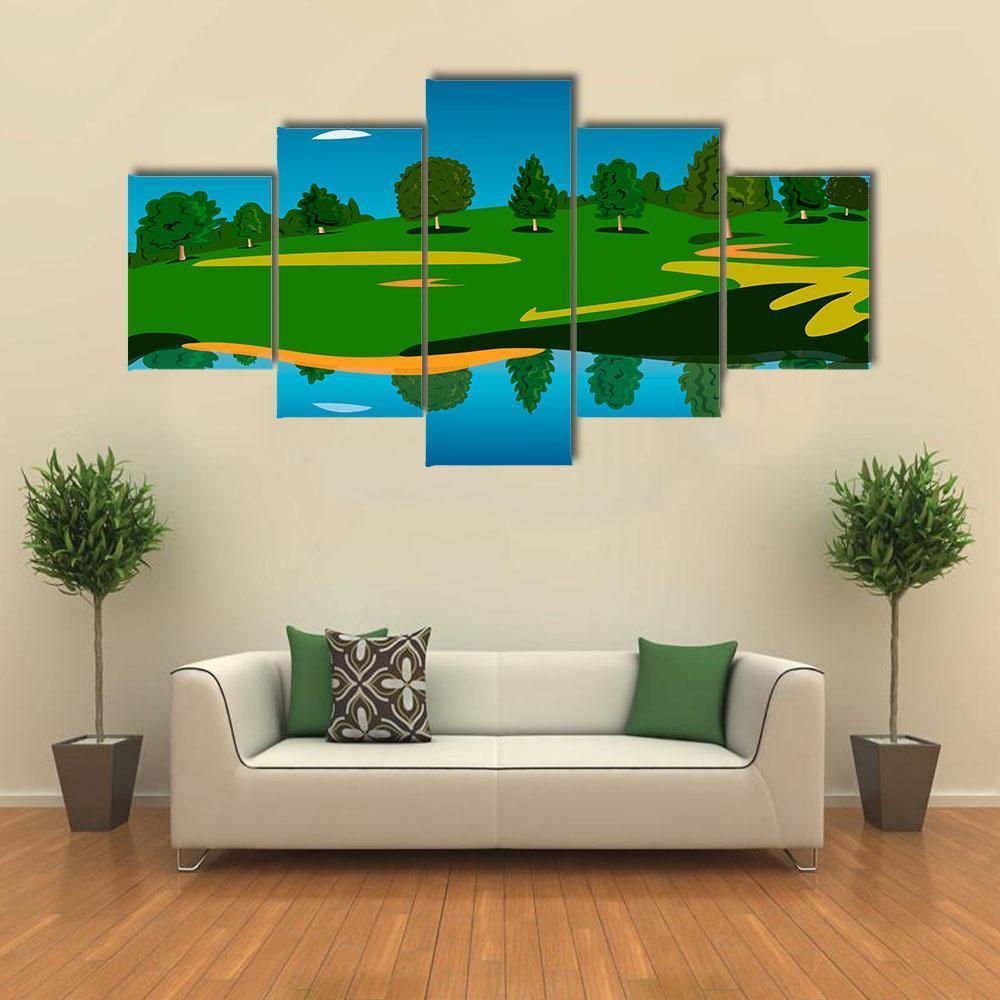 Landscape Of Forest Near Lake - Abstract 5 Panel Canvas Art Wall Decor