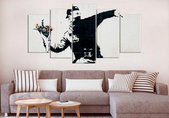 Large Banksy Rage The Flower Thrower - Abstract 5 Panel Canvas Art Wall Decor