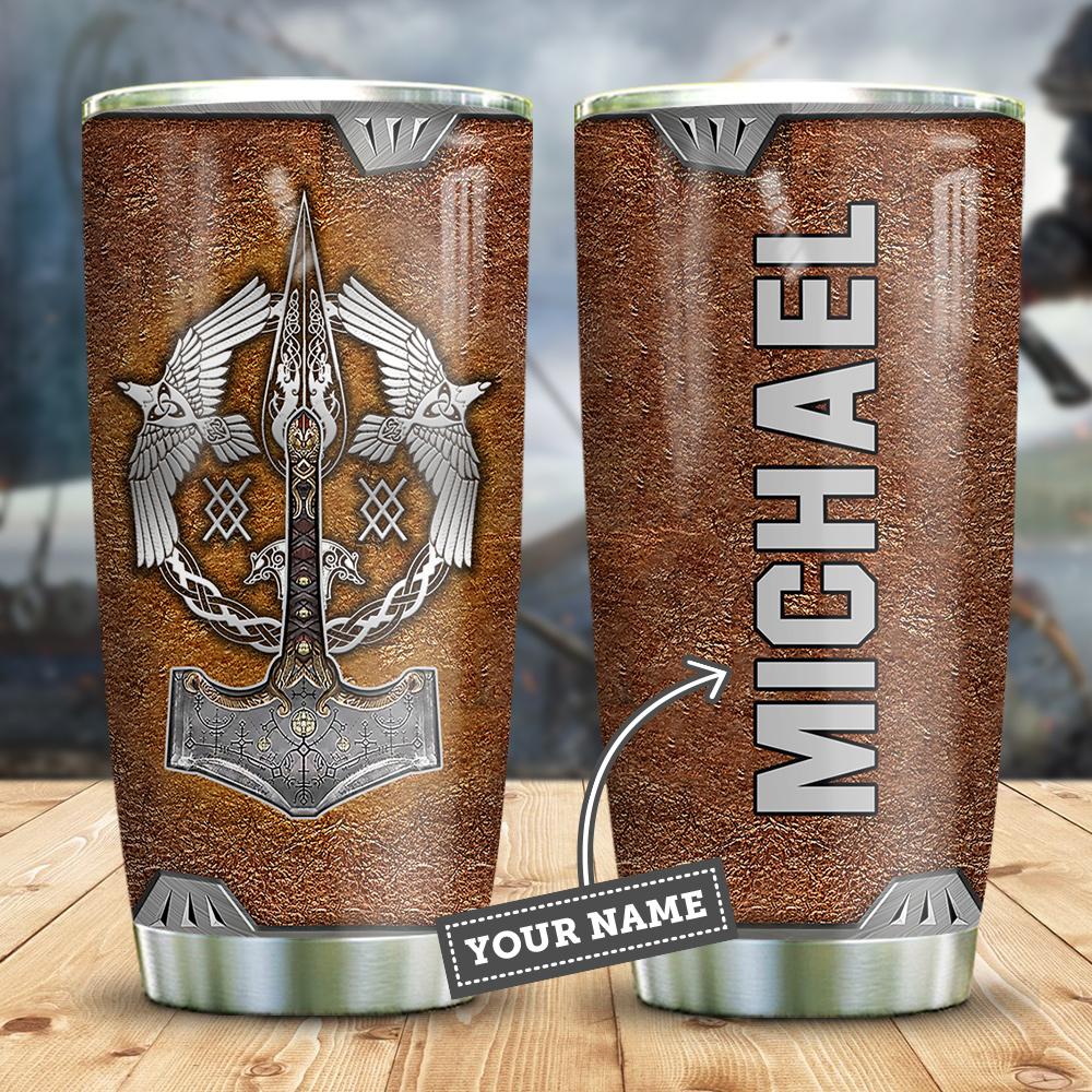 Leather Style Vikings Symbol Personalized Stainless Steel Tumbler
