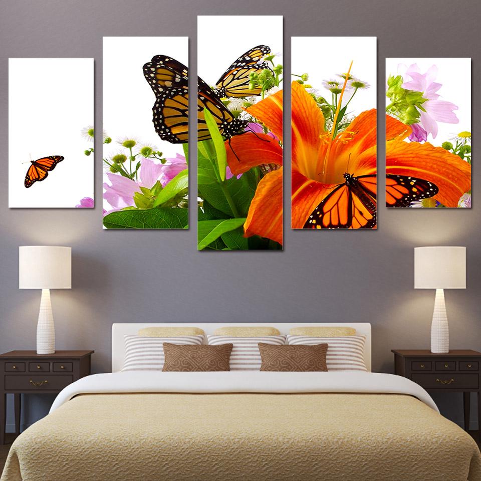 Lilies and orange butterflies - Abstract 5 Panel Canvas Art Wall Decor