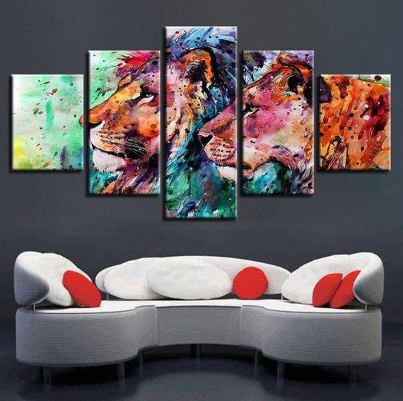 Lions Couple Colorful Lions - Abstract Animal 5 Panel Canvas Art Wall Decor