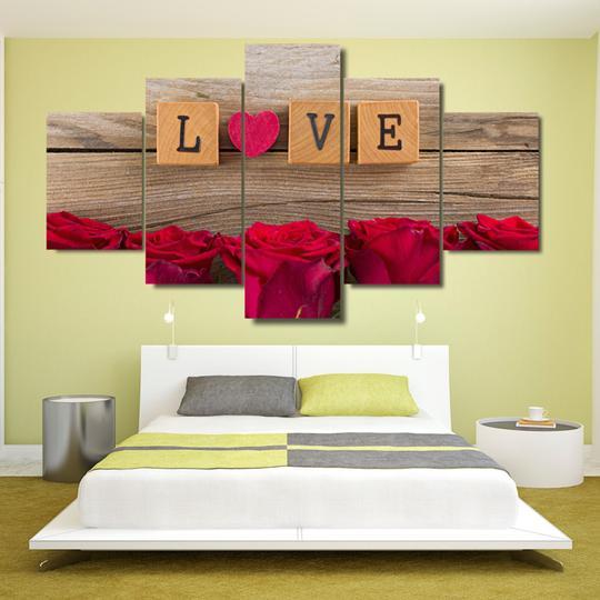 Love Scrabble Tiles With Roses Valentines - Abstract 5 Panel Canvas Art Wall Decor