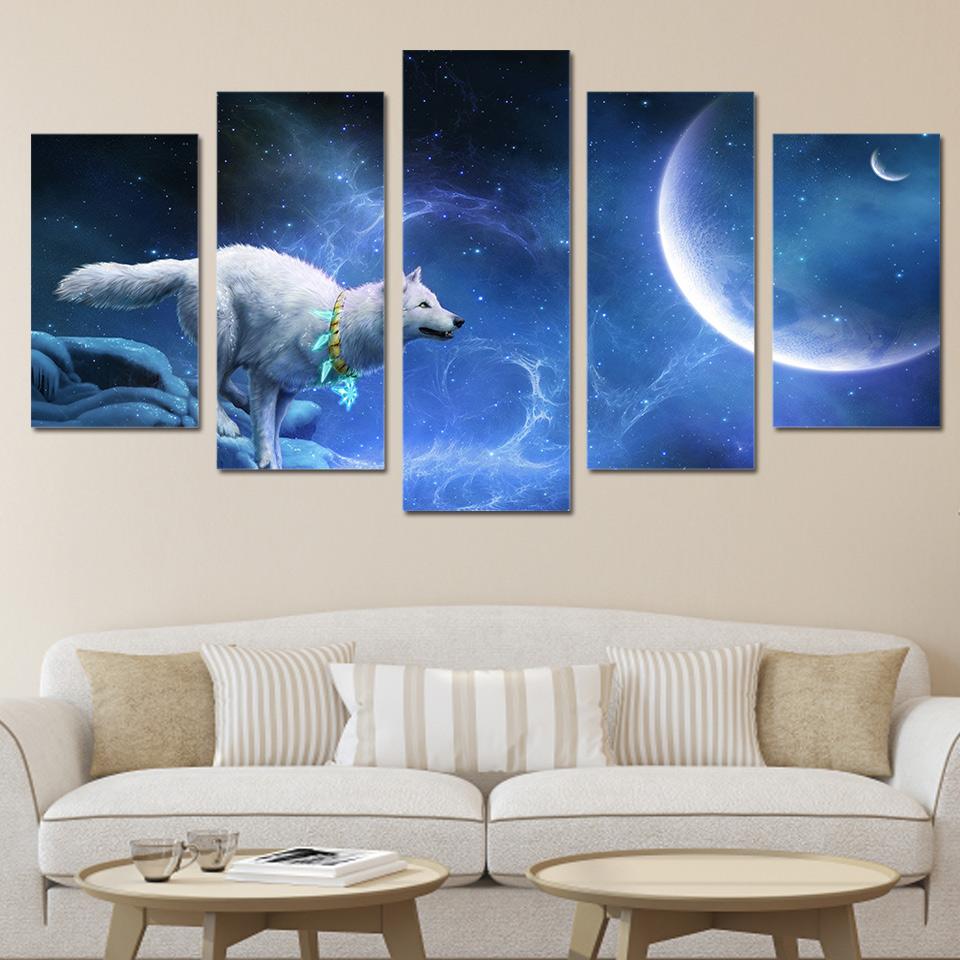 Magic White Wolf - Abstract Animal 5 Panel Canvas Art Wall Decor