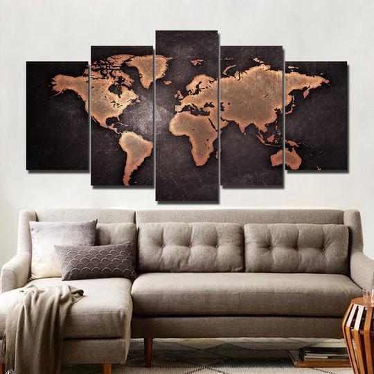 Map Of The World - Abstract 5 Panel Canvas Art Wall Decor