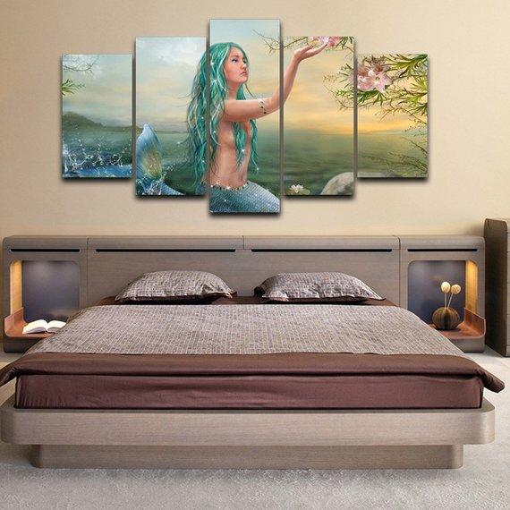 Mermaid Blue Hair Mermaid Enchanted - Abstract 5 Panel Canvas Art Wall Decor