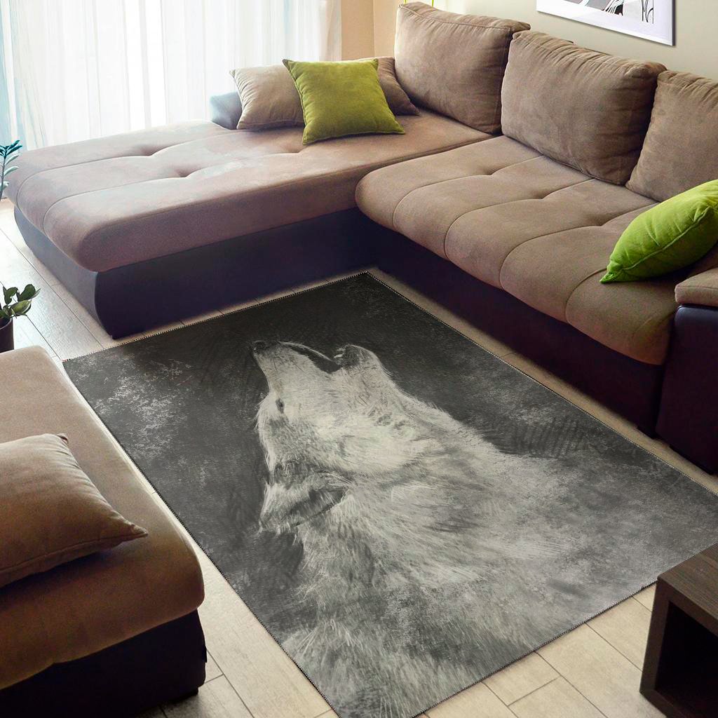 Monochrome Howling Wolf Print Area Rug Floor Decor
