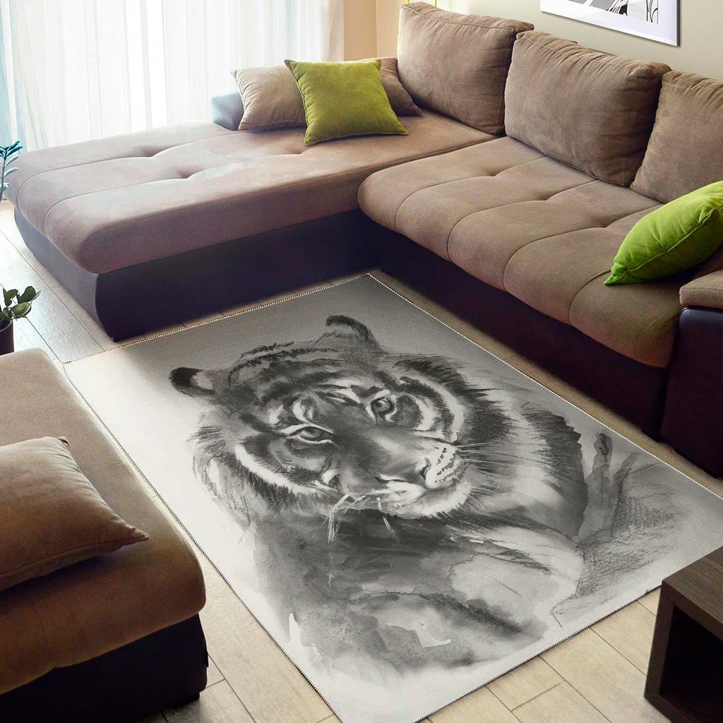Monochrome Watercolor White Tiger Print Area Rug Floor Decor