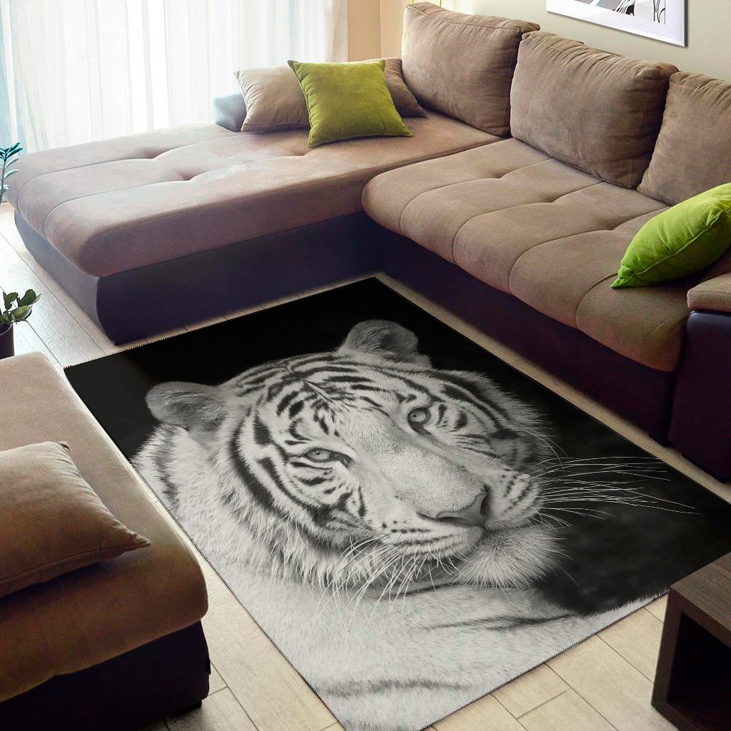 Monochrome White Bengal Tiger Print Area Rug Floor Decor