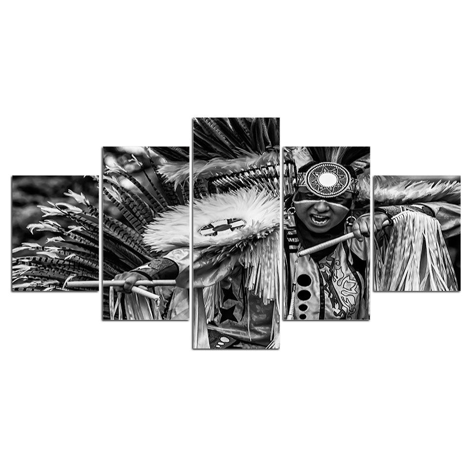 Native American Black and White 01 - Abstract 5 Panel Canvas Art Wall Decor