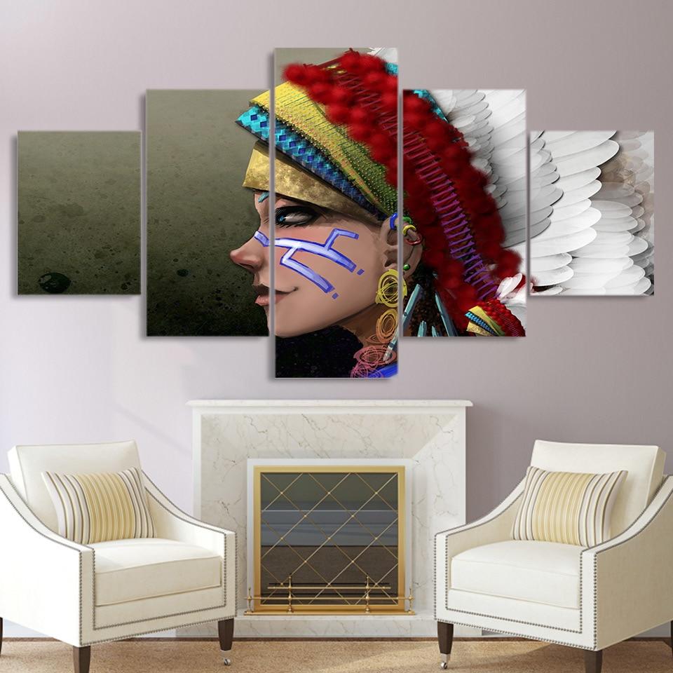 native American indian comic girl 01 - Abstract 5 Panel Canvas Art Wall Decor